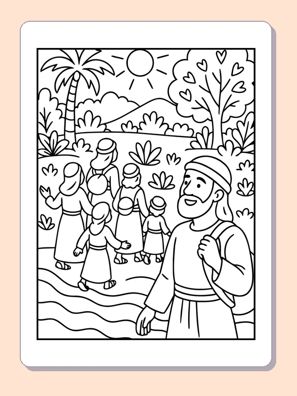 Black and white printable man with a bag leading a family coloring sheet