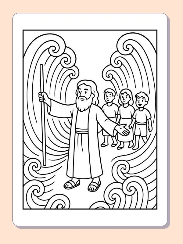 Black and white printable moses and children among the waves coloring sheet