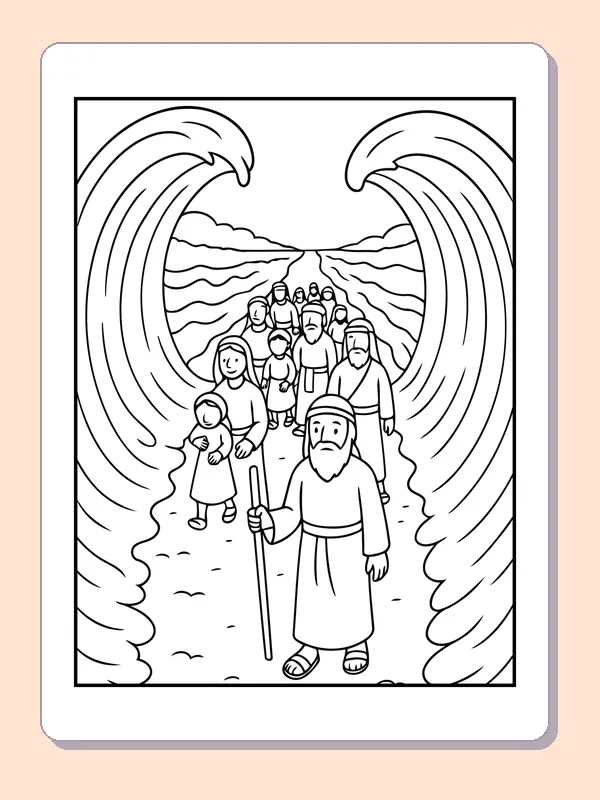 Black and white printable moses leading people between water walls coloring sheet