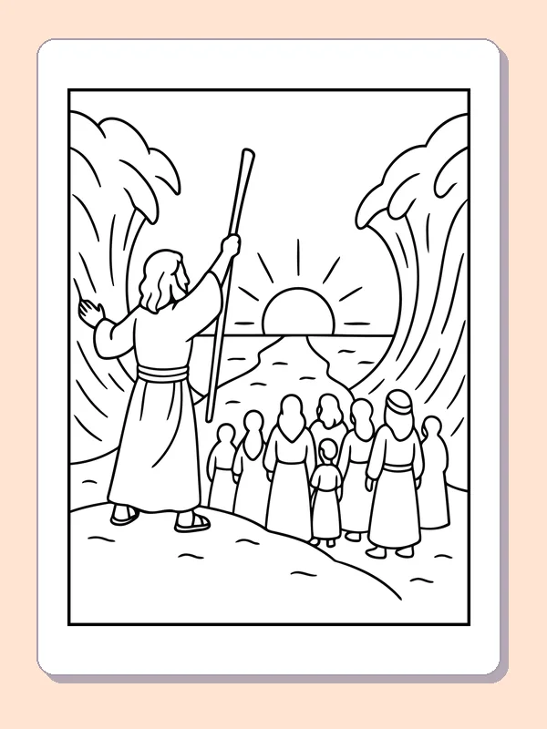 Black and white printable moses raising his staff over the waves coloring sheet