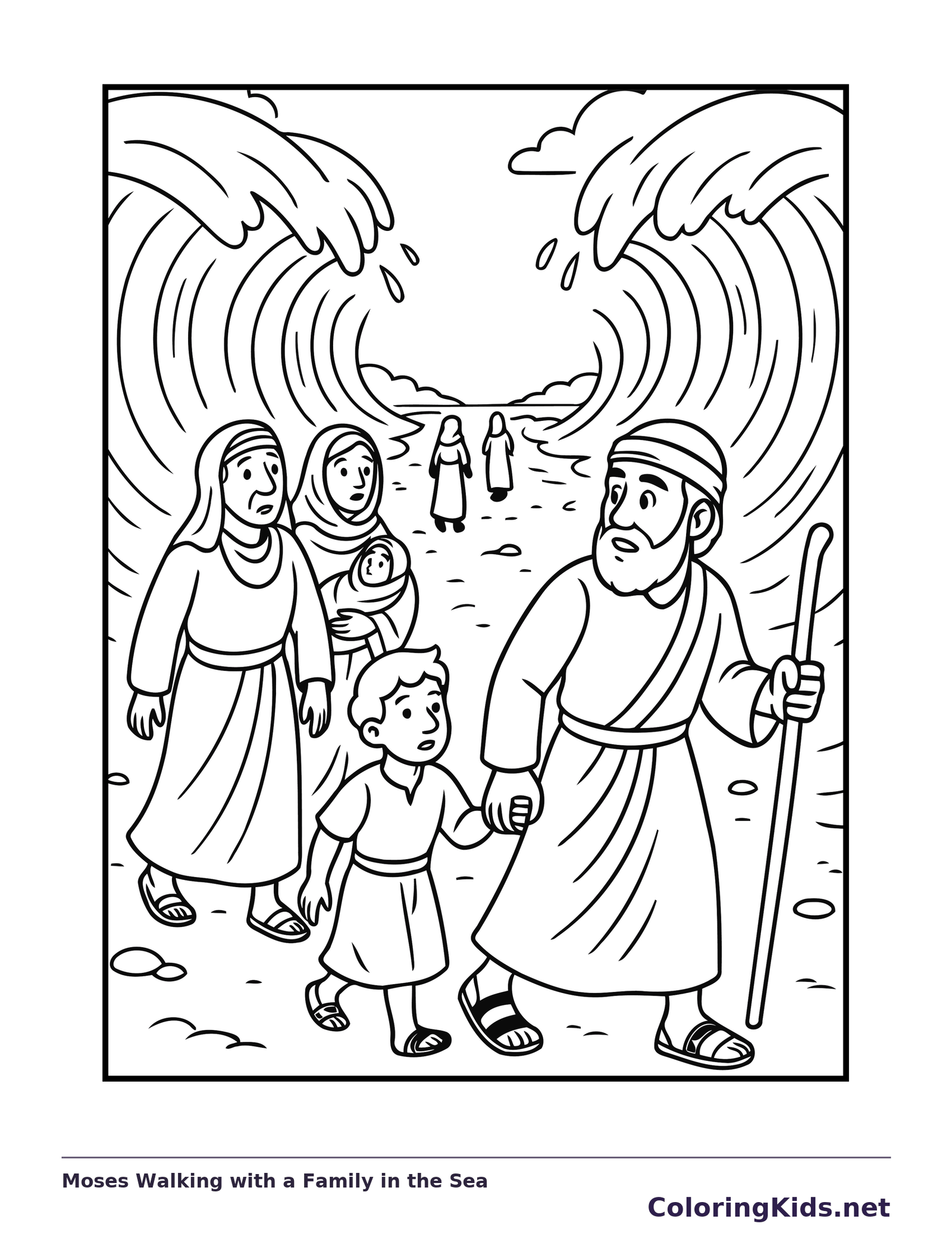 Black and white printable moses walking with a family in the sea coloring sheet