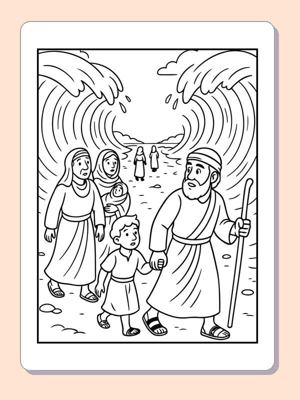 Black and white printable moses walking with a family in the sea coloring sheet