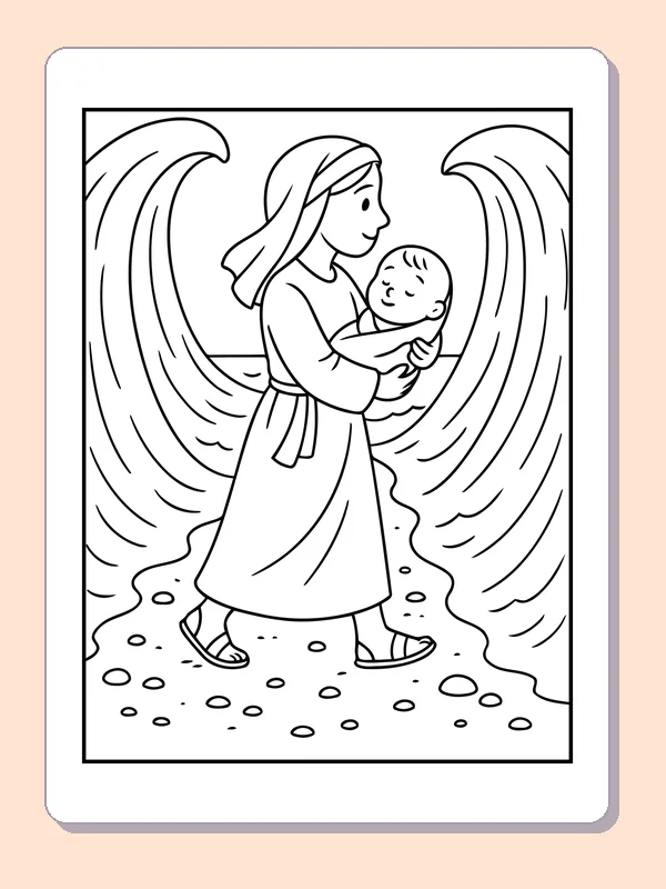 Black and white printable mother carrying a child through the sea coloring sheet