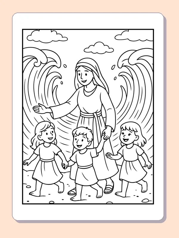 Mother Guiding Children between Sea Walls coloring page preview