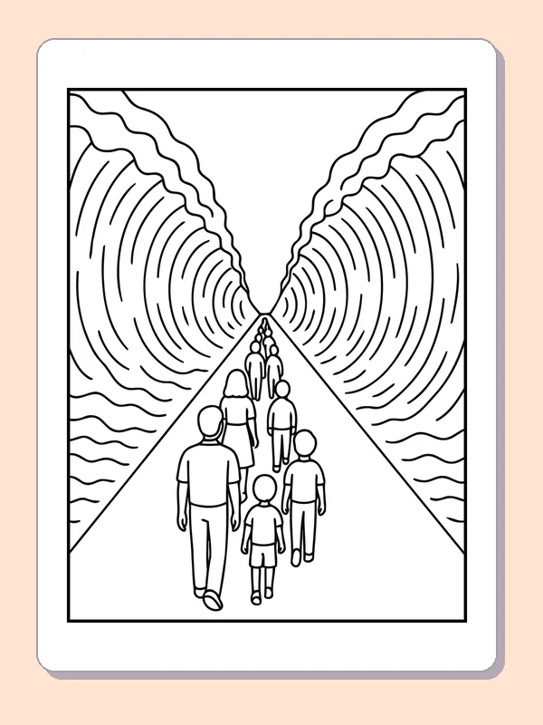 Black and white printable travelers walking down the sea passage coloring sheet
