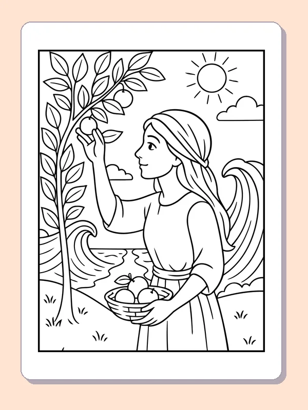 Black and white printable woman beside a fruit tree coloring sheet