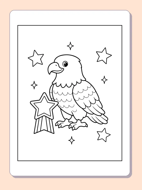Black and white printable bald eagle beside a star coloring sheet