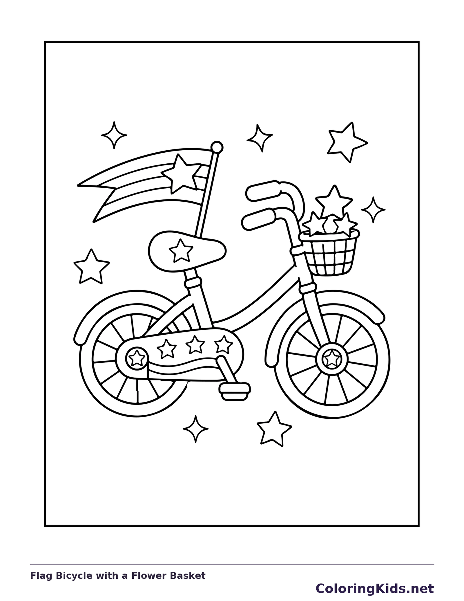 Black and white printable flag bicycle with a flower basket coloring sheet
