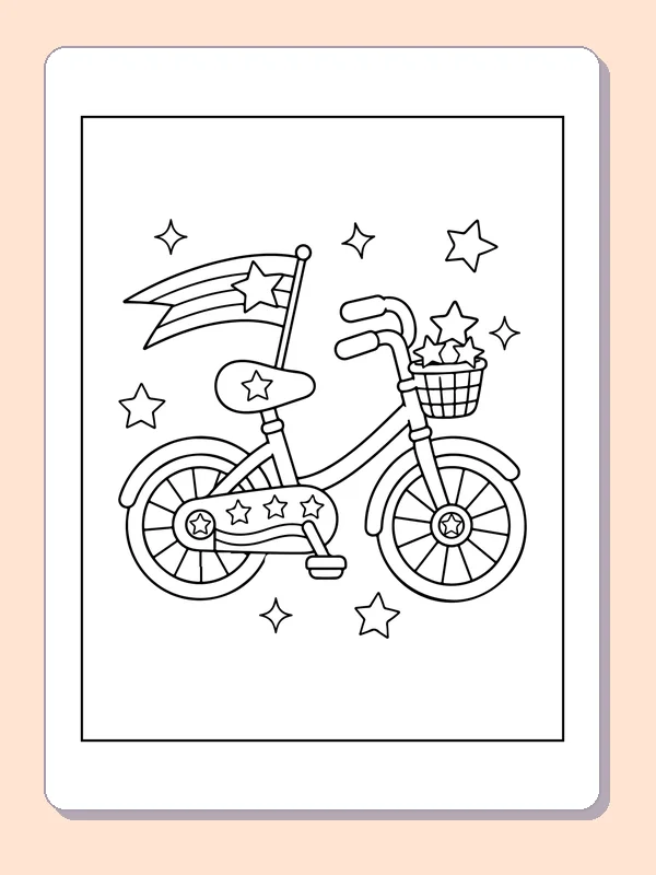 Black and white printable flag bicycle with a flower basket coloring sheet
