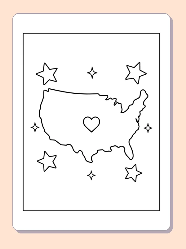 Black and white printable heart in a united states map coloring sheet