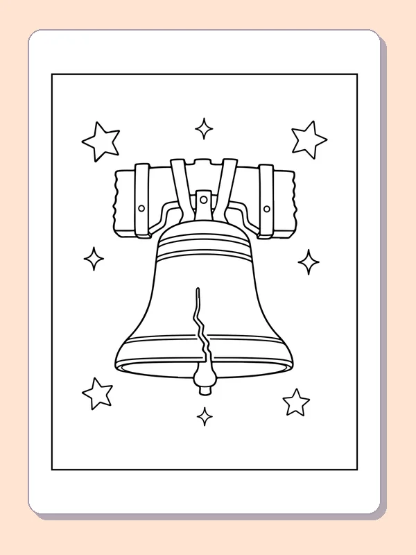 Black and white printable liberty bell with starry border coloring sheet