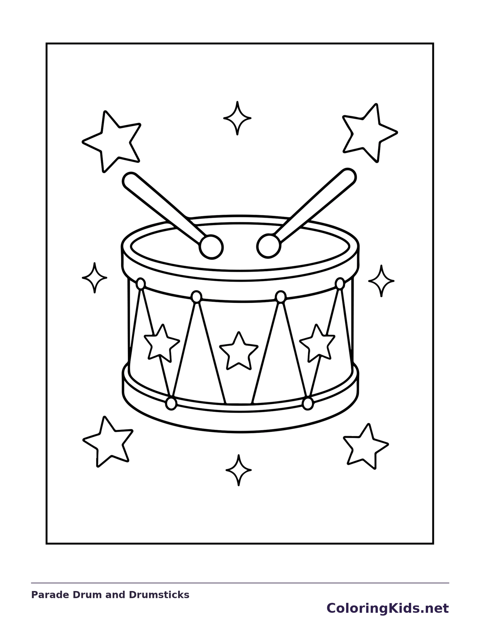 Black and white printable parade drum and drumsticks coloring sheet