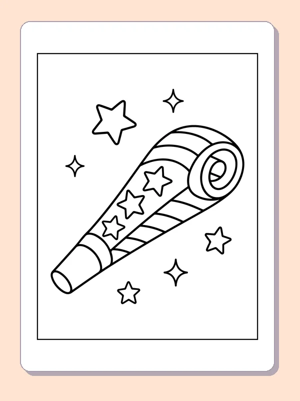 Black and white printable rolled party horn with stars coloring sheet
