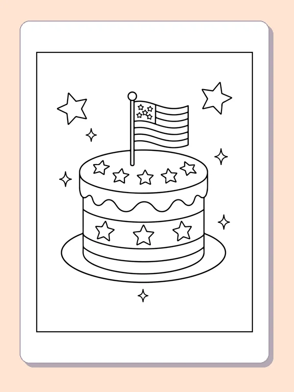 Black and white printable star cake with a small flag coloring sheet