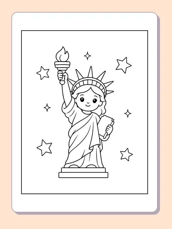 Black and white printable statue of liberty among stars coloring sheet