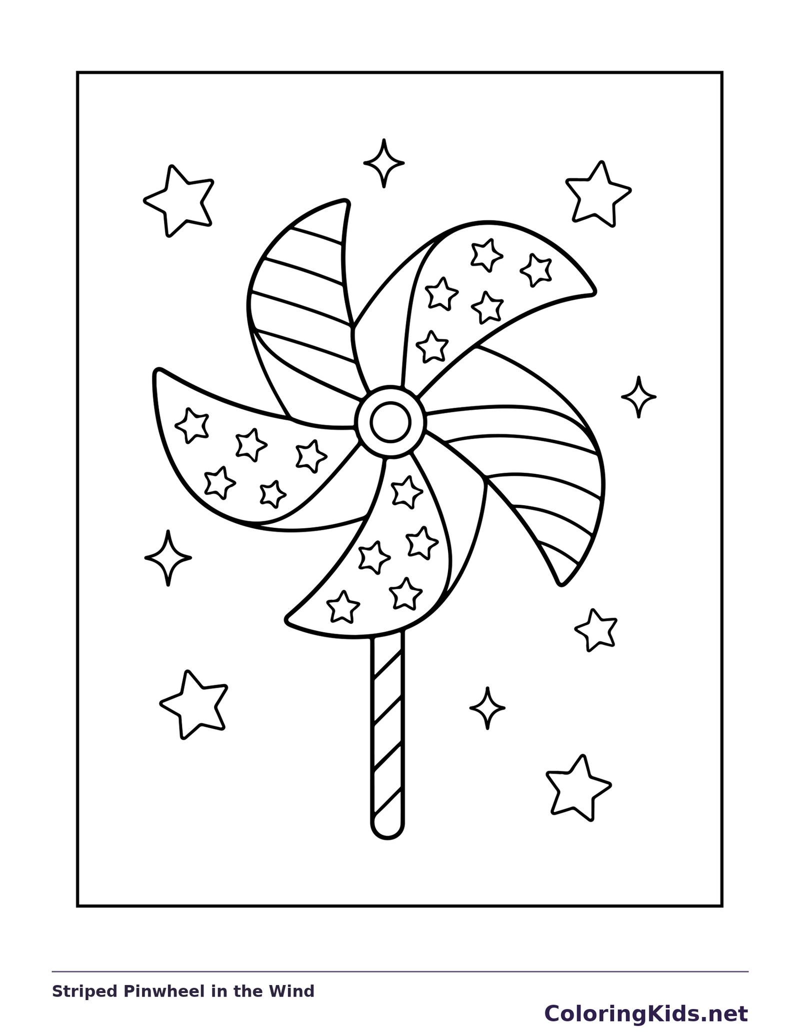 Black and white printable striped pinwheel in the wind coloring sheet