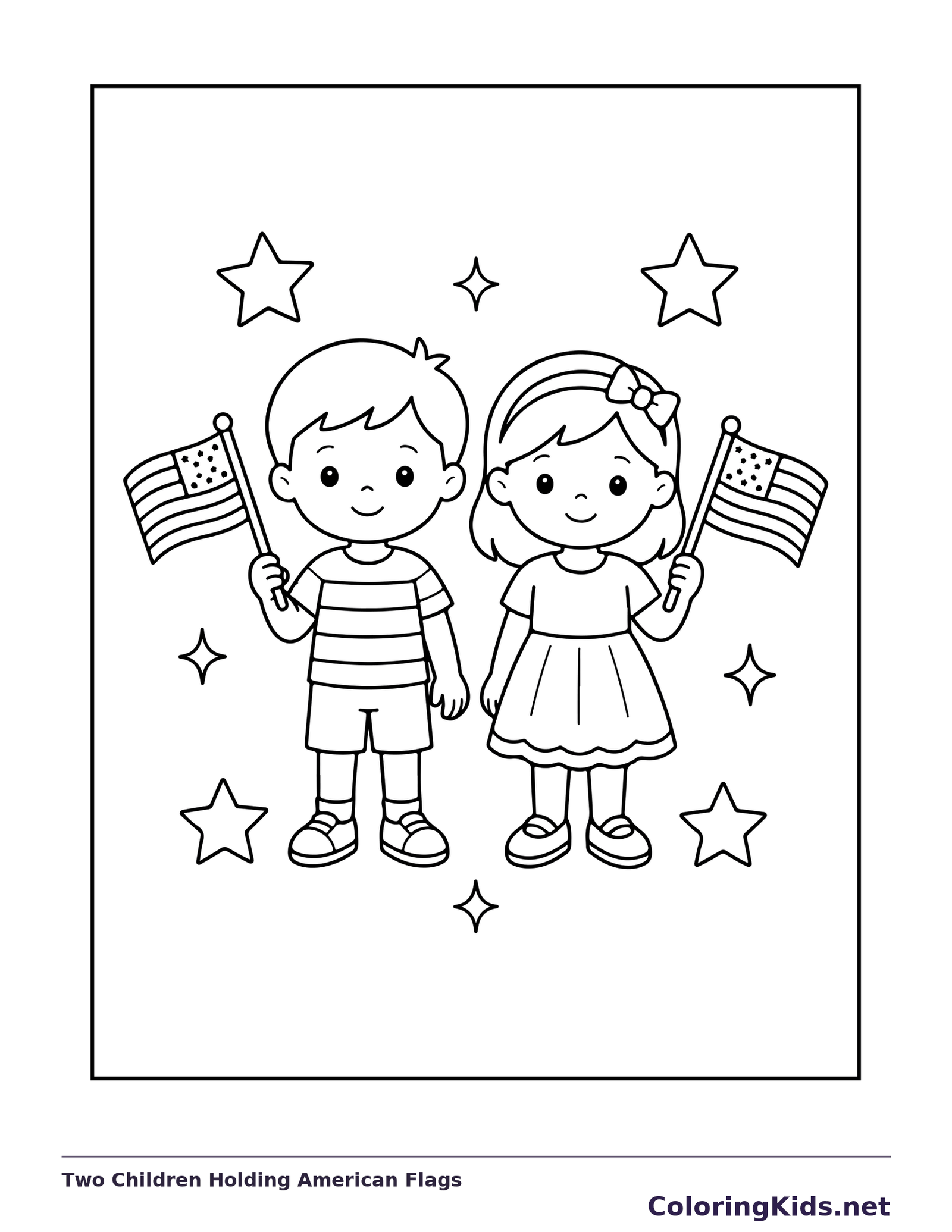 Black and white printable two children holding american flags coloring sheet