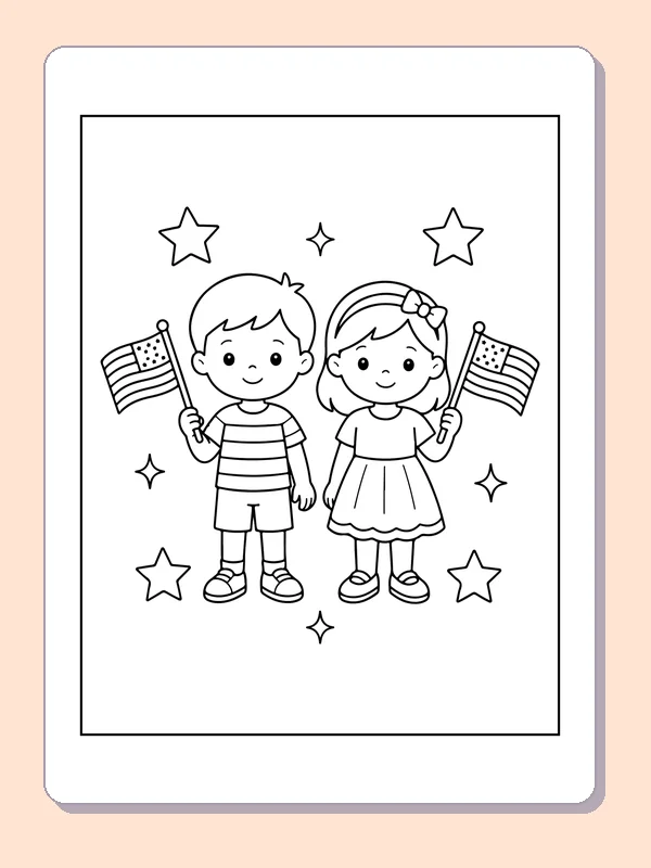 Black and white printable two children holding american flags coloring sheet