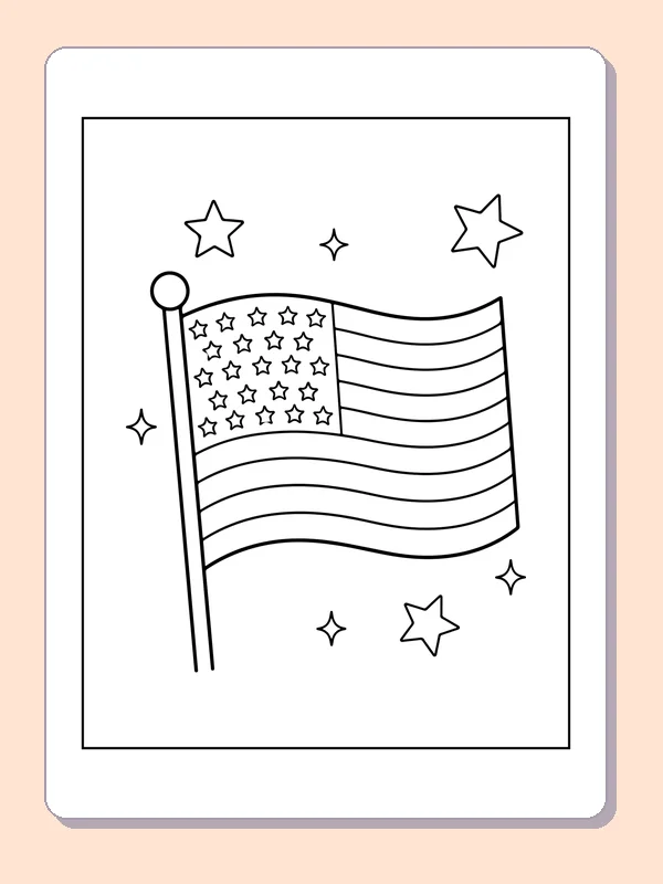 Black and white printable waving united states flag and stars coloring sheet