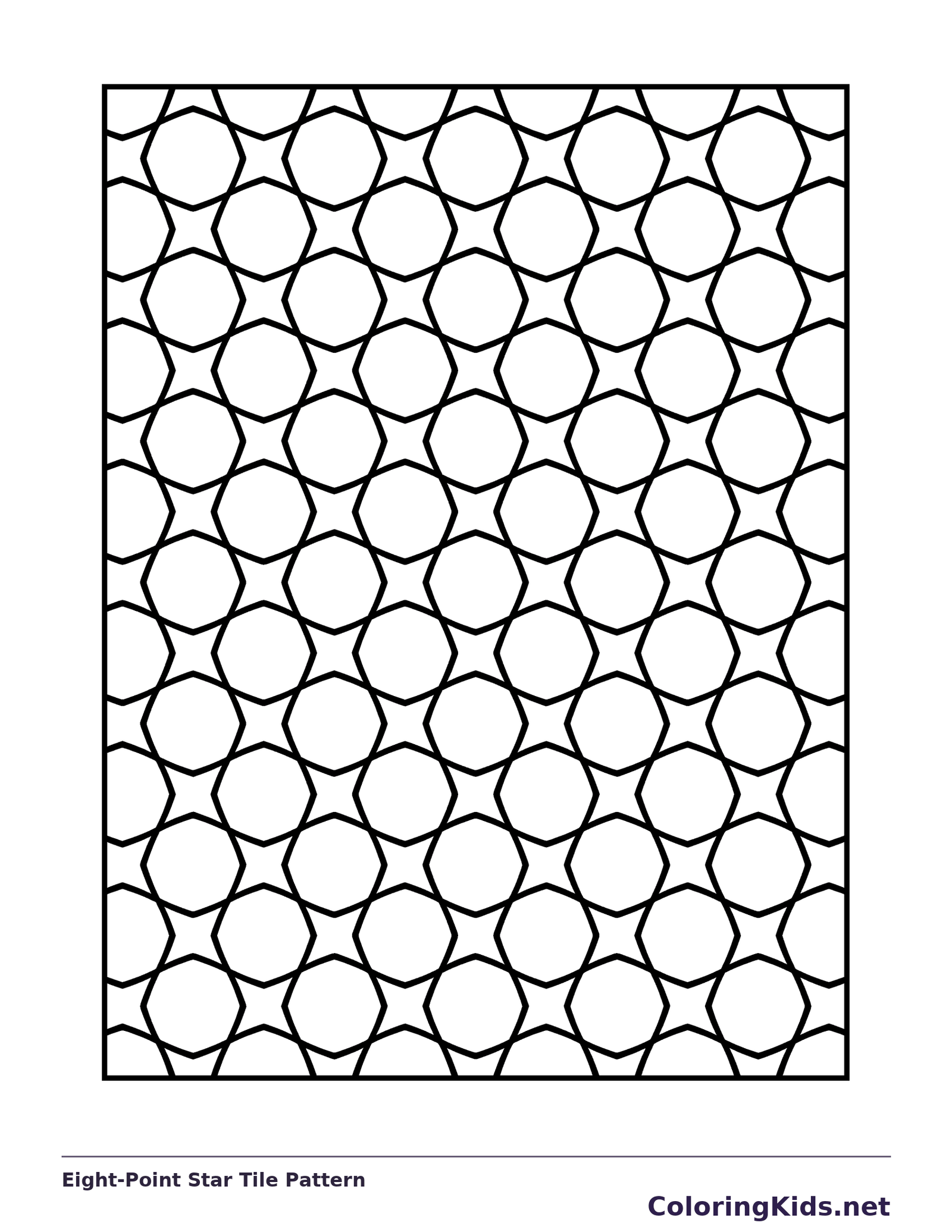 Black and white printable eight-point star tile pattern coloring sheet
