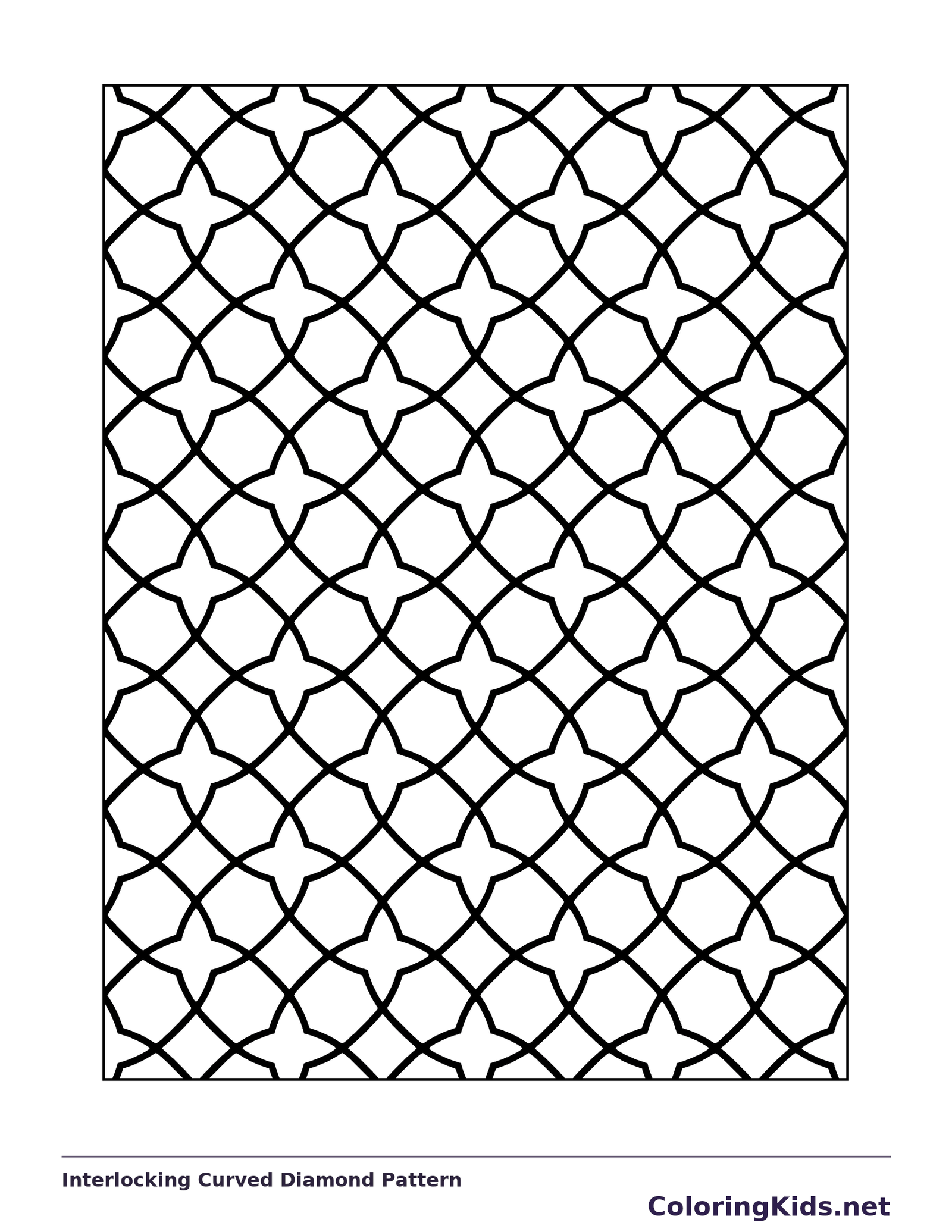 Black and white printable interlocking curved diamond pattern coloring sheet