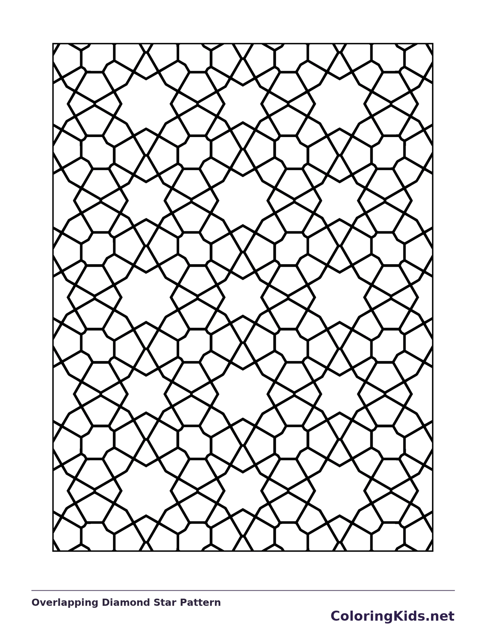 Black and white printable overlapping diamond star pattern coloring sheet