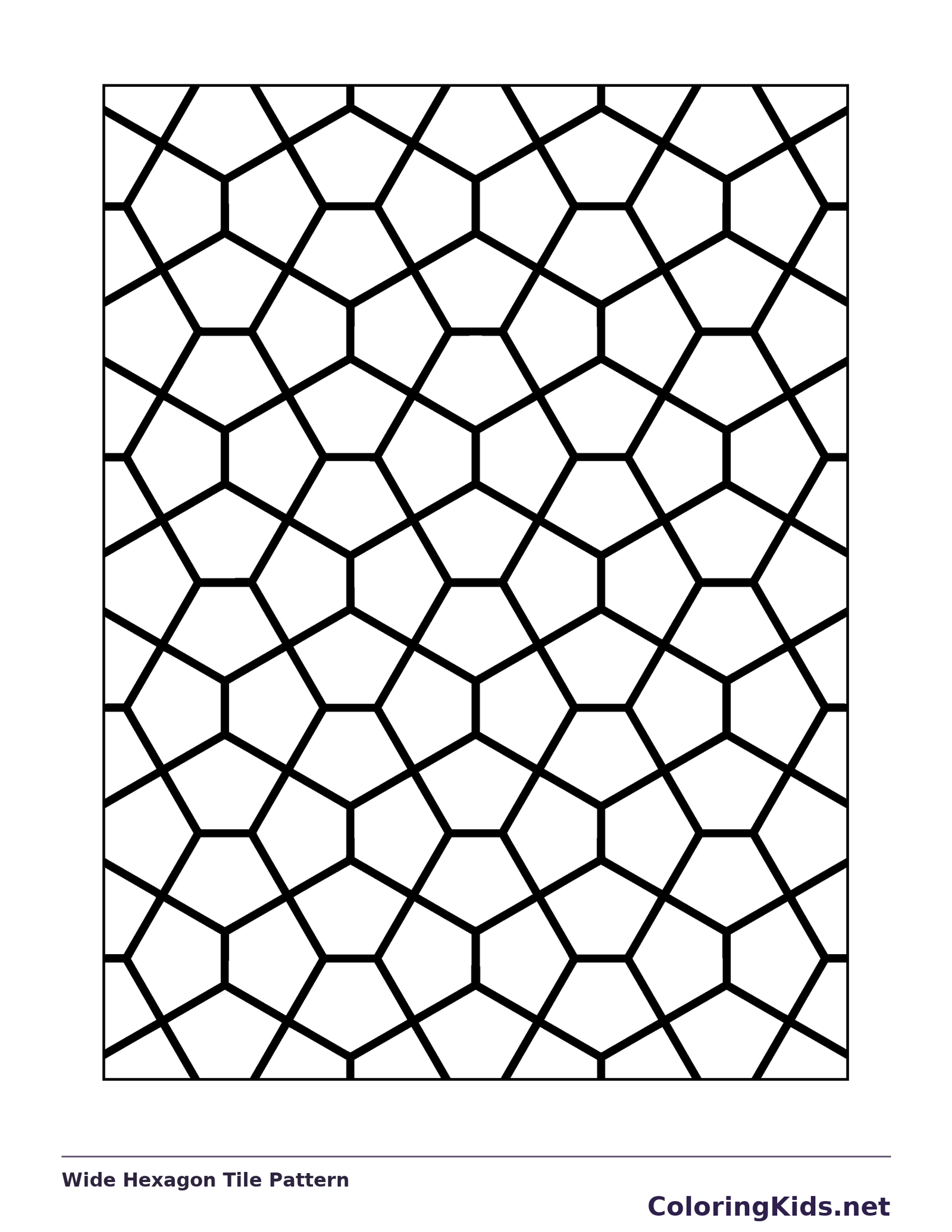 Black and white printable wide hexagon tile pattern coloring sheet