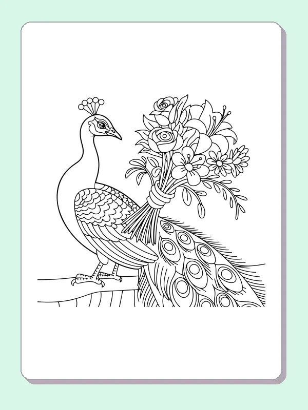Black and white printable peacock carrying a flower bouquet coloring sheet