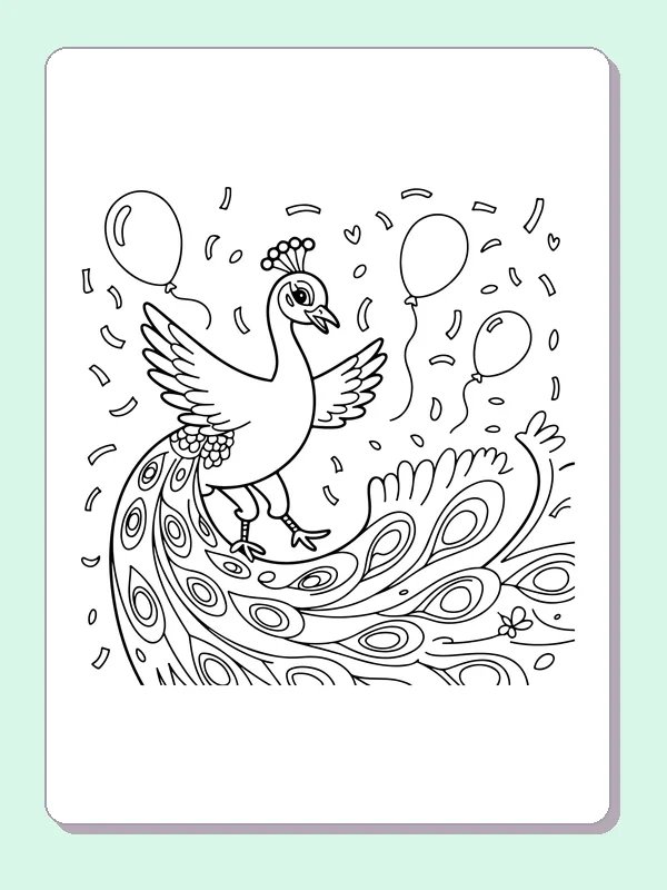 Black and white printable peacock celebrating with balloons coloring sheet