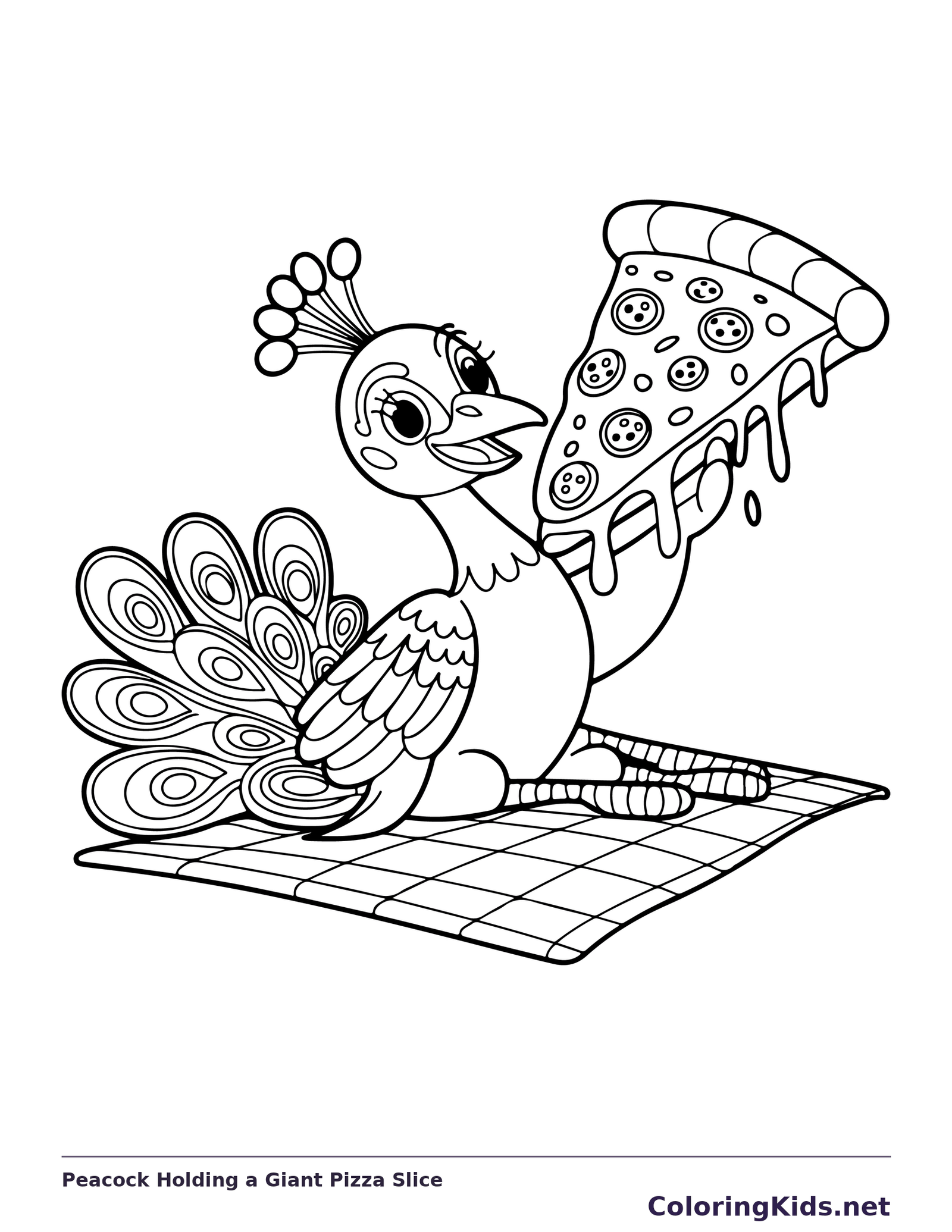 Black and white printable peacock holding a giant pizza slice coloring sheet