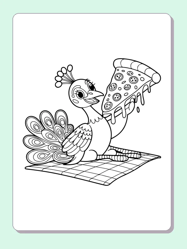 Black and white printable peacock holding a giant pizza slice coloring sheet