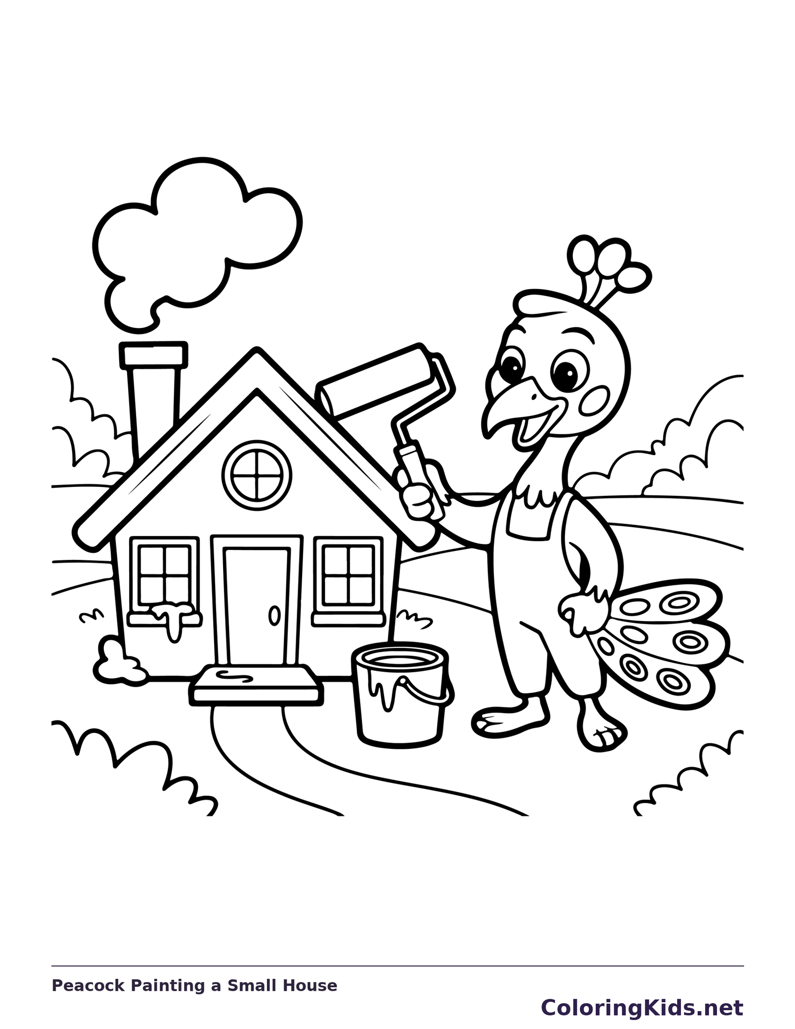 Black and white printable peacock painting a small house coloring sheet