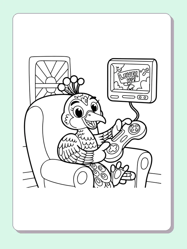 Black and white printable peacock playing a video game coloring sheet