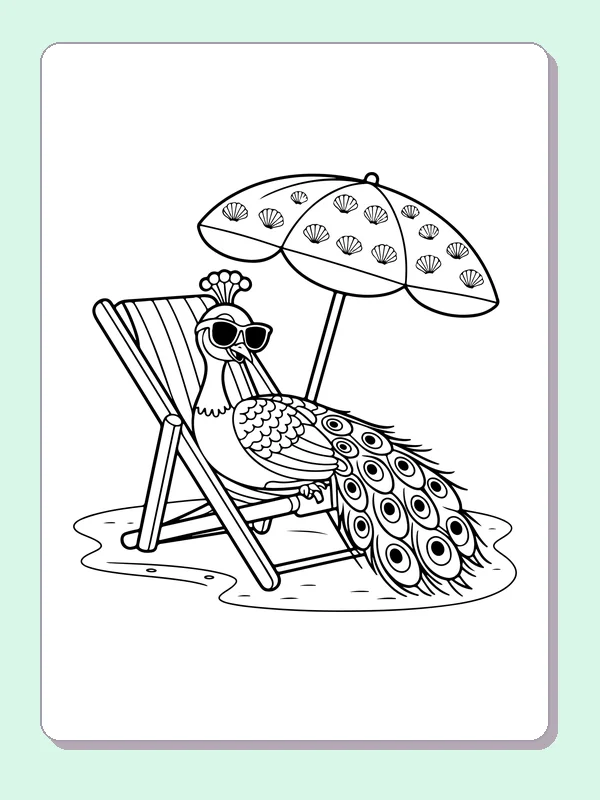 Black and white printable peacock relaxing under a beach umbrella coloring sheet