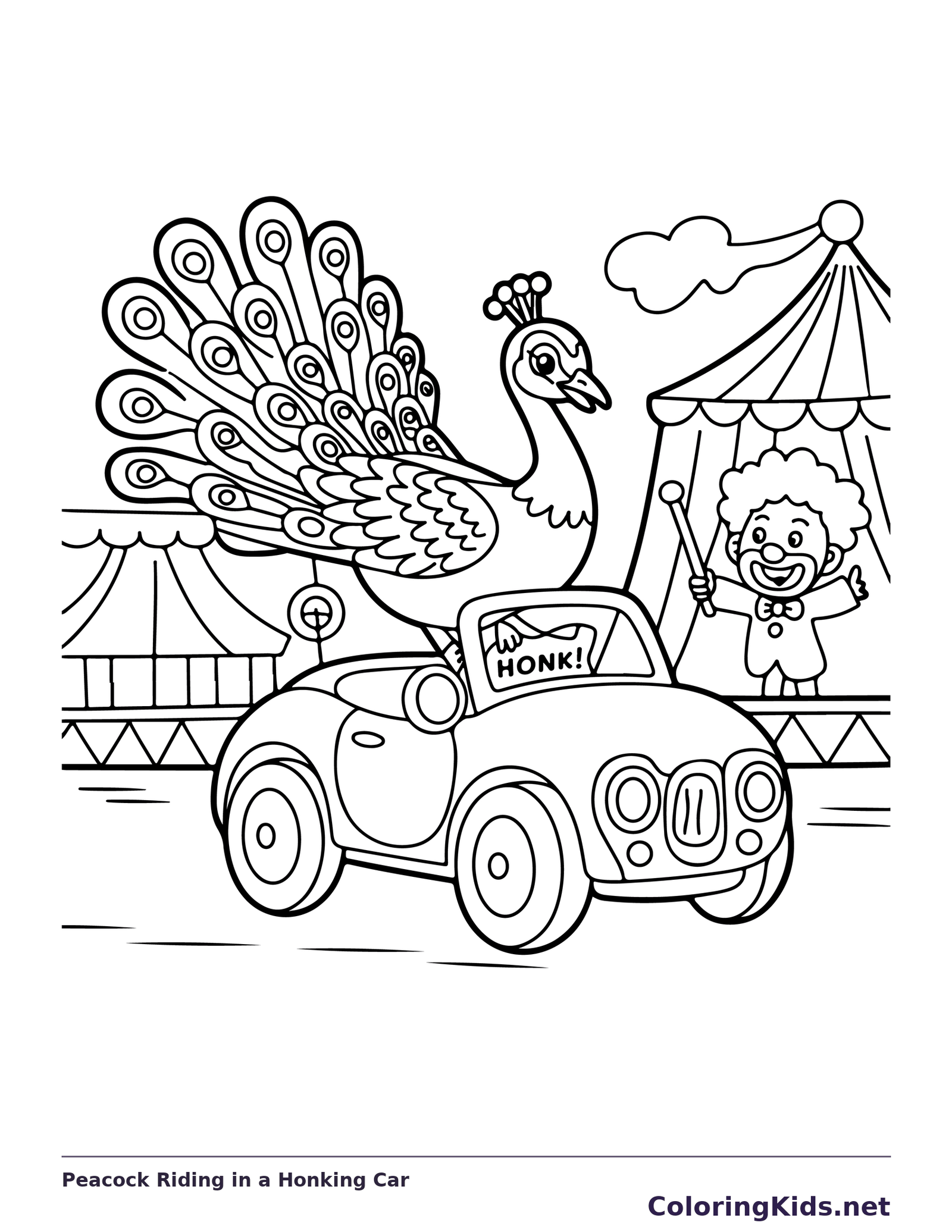 Black and white printable peacock riding in a honking car coloring sheet