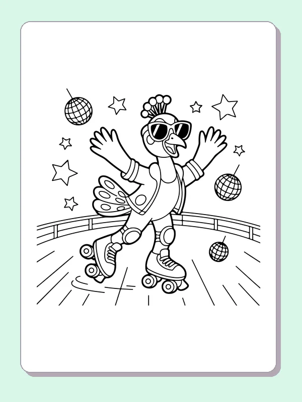 Black and white printable peacock roller skating under stars coloring sheet
