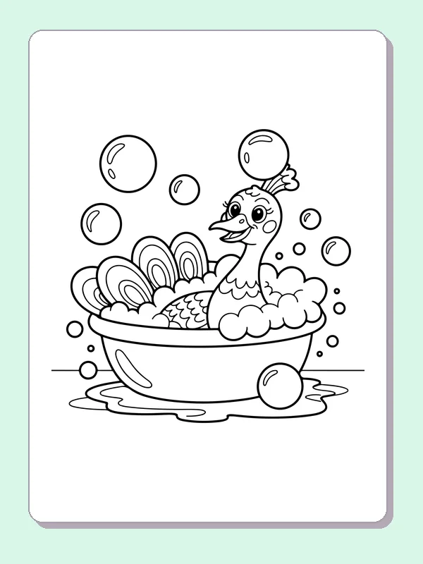 Black and white printable peacock taking a bubble bath coloring sheet