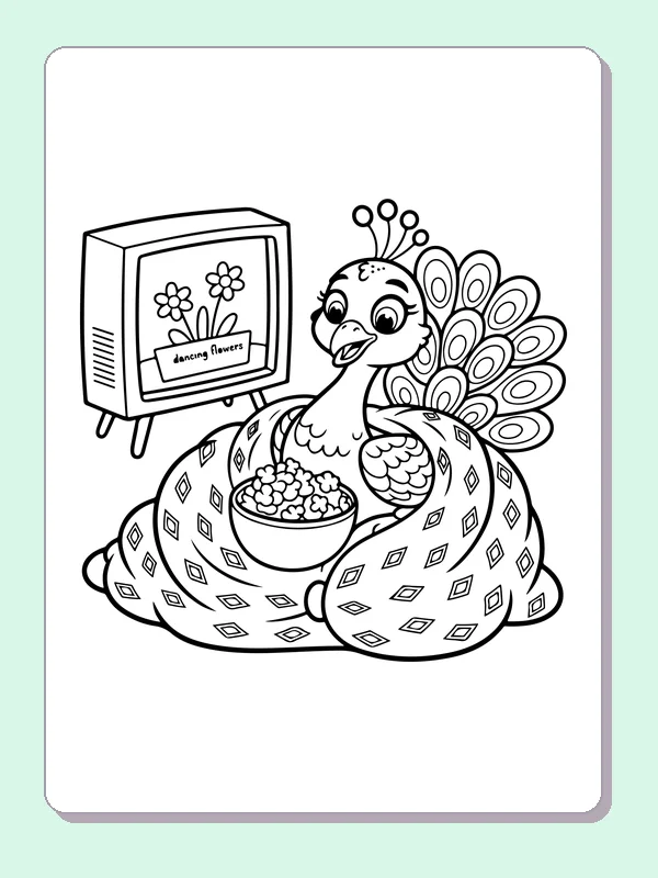 Black and white printable peacock watching television in a blanket coloring sheet