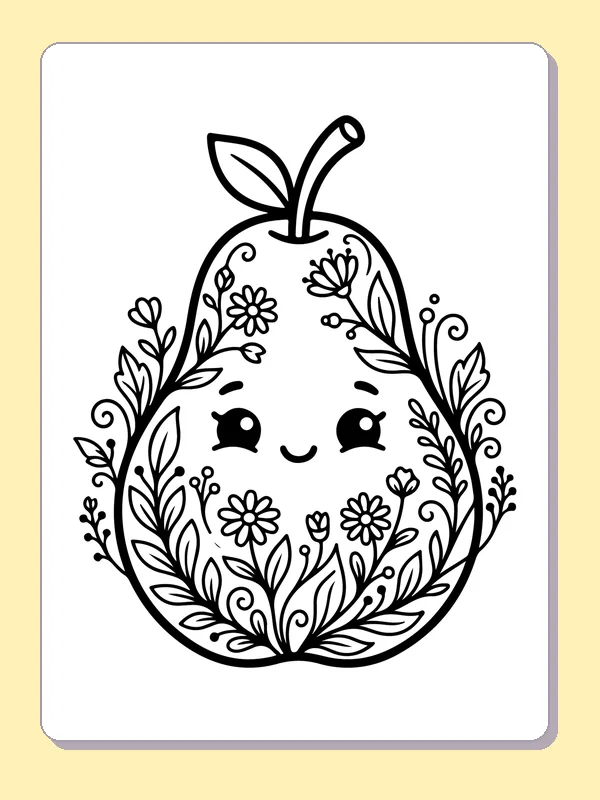 Black and white printable big-eyed pear with blossoms on its body coloring sheet