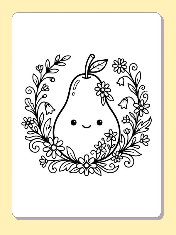 Black and white printable happy pear framed by leafy stems coloring sheet