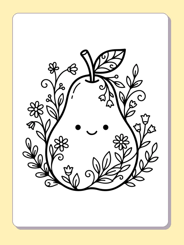 Black and white printable happy pear with bell flowers coloring sheet
