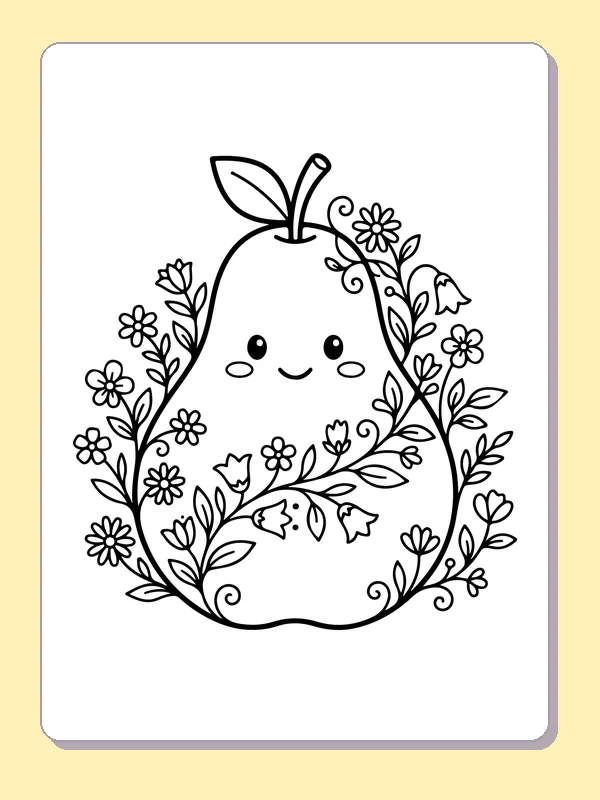 Black and white printable large pear with curved flower vines coloring sheet