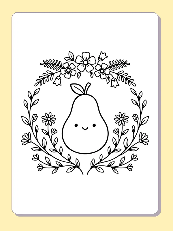 Black and white printable pear beneath an arch of flowers coloring sheet