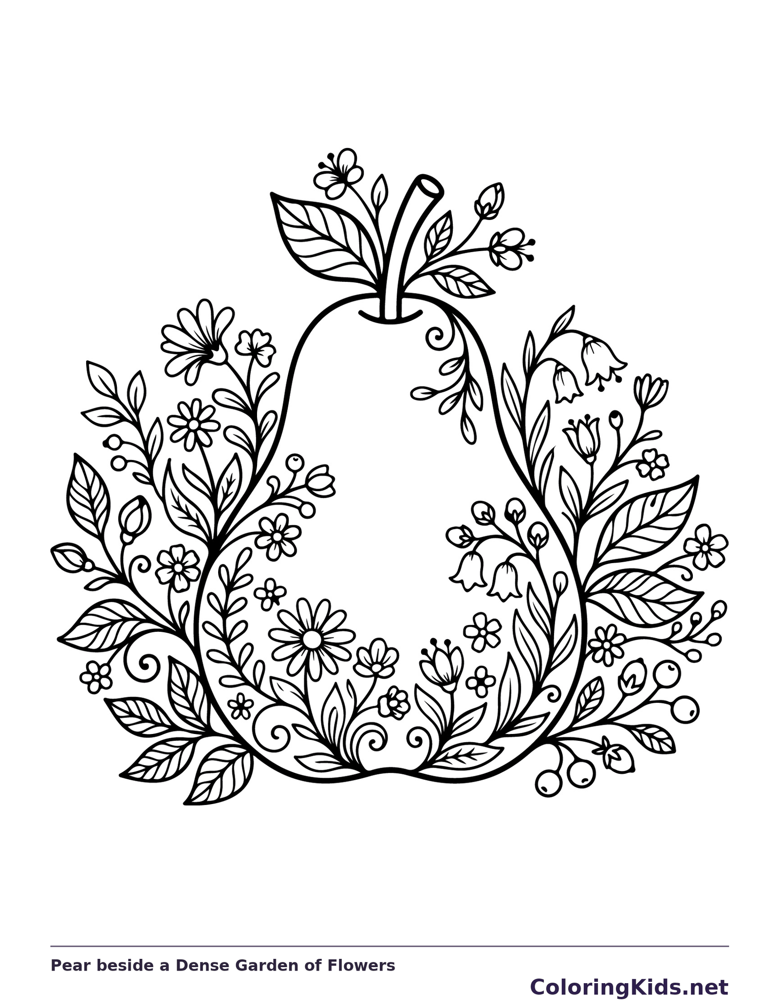Black and white printable pear beside a dense garden of flowers coloring sheet