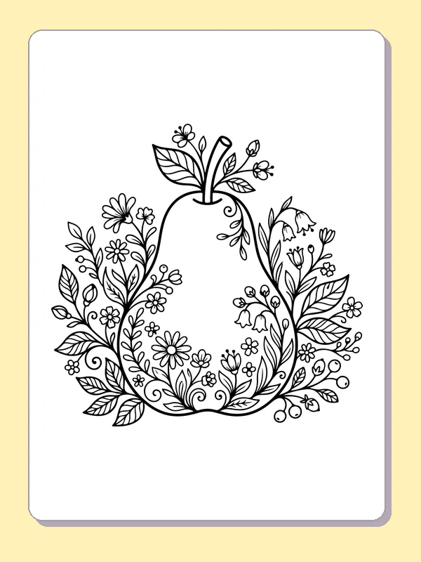 Black and white printable pear beside a dense garden of flowers coloring sheet