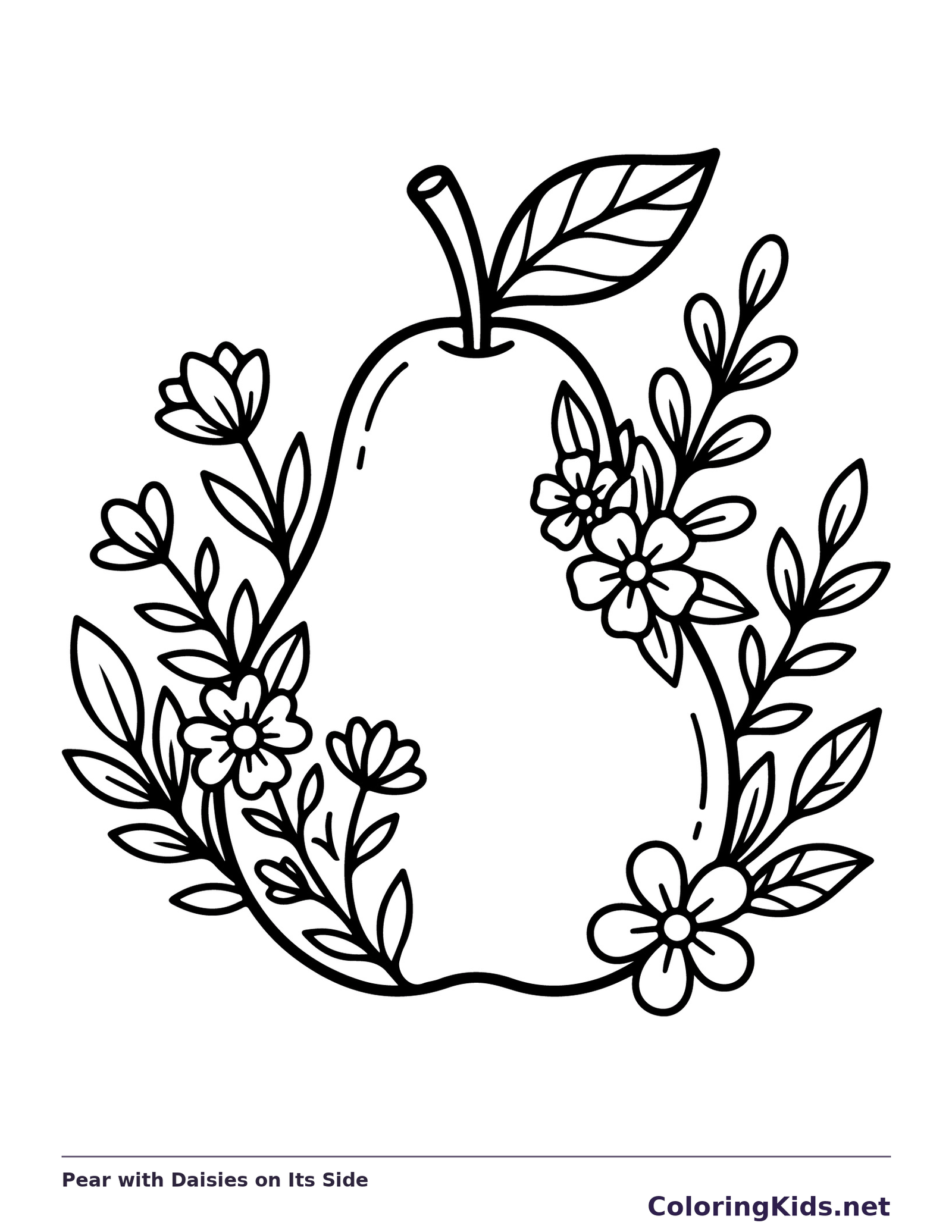 Black and white printable pear with daisies on its side coloring sheet
