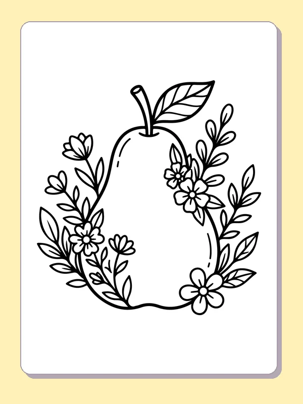 Black and white printable pear with daisies on its side coloring sheet