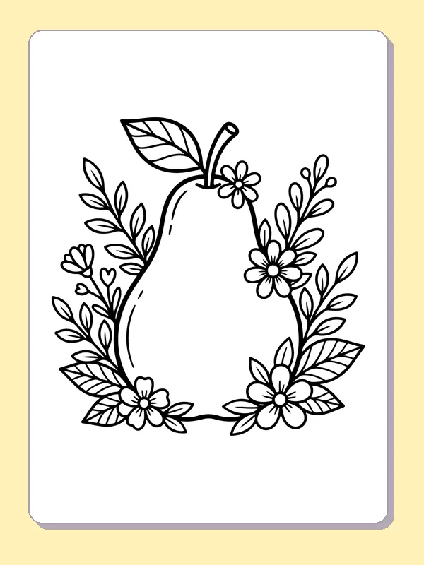Black and white printable pear with leaves and three large flowers coloring sheet