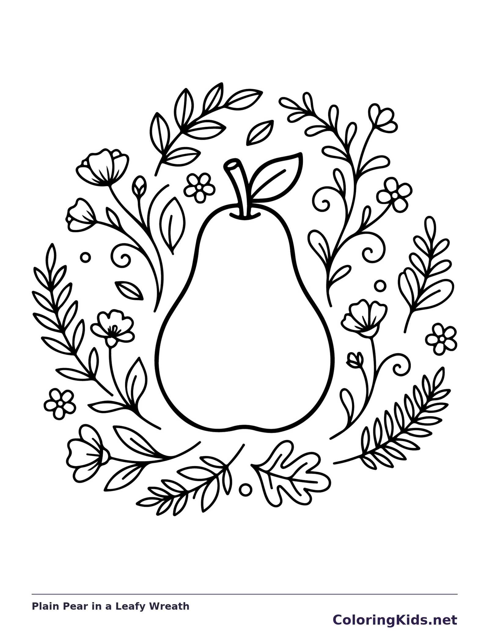 Black and white printable plain pear in a leafy wreath coloring sheet