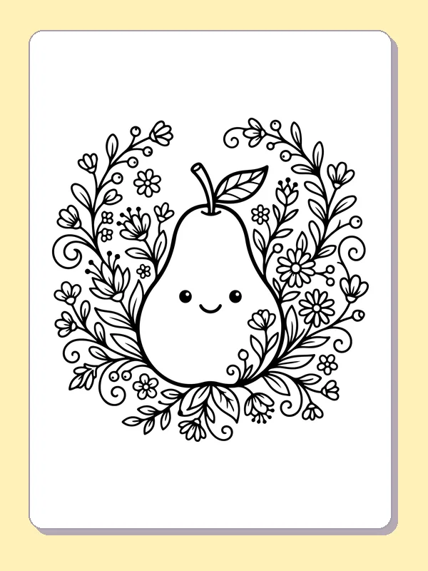 Black and white printable small pear in a wide floral wreath coloring sheet
